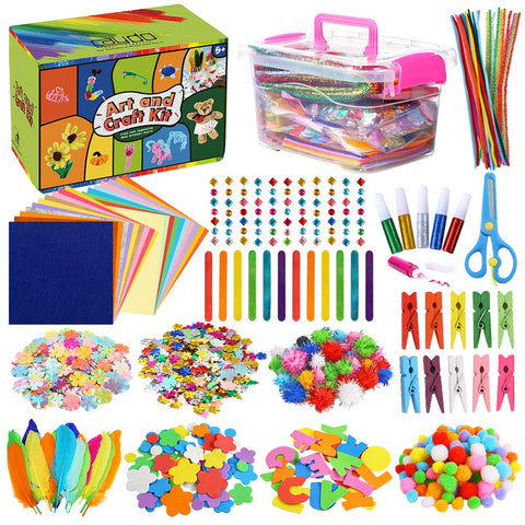 Caydo Art and Crafts Supplies for Kids, Ultimate Crafting Supply Set Including Pipe Cleaners Pom Poms Feathers Felt Sheets Popsicle Sticks with Storage Box for Toddlers Kids Aged 4-12