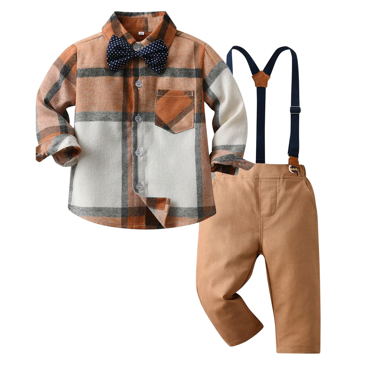 Kunyeah Boy Gentleman Plaid Outfits Toddler Long Sleeve Shirt with Bow Ties Suspenders Pants Kid Dress Suit for 1-6 Years Brown