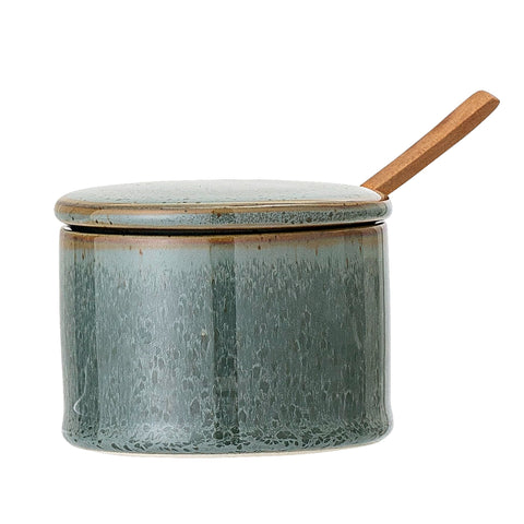 Bloomingville Pixie Salt Pot with Lid and Spoon Green Ceramic