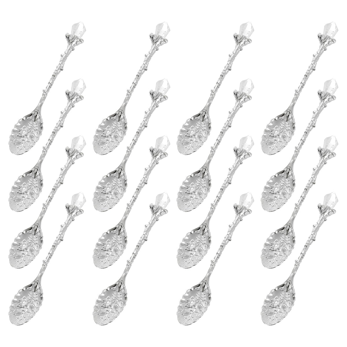 sourcing map 16 Pcs Retro Spoons, 4.3 Inch Crystal Alloy Coffee Spoons,Vintage Carved Tea Spoon Leaf Flower Pattern Dessert Spoon Ice Cream Spoons for Stirring Mixing Silver Tone
