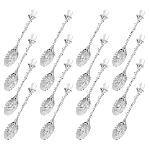 sourcing map 16 Pcs Retro Spoons, 4.3 Inch Crystal Alloy Coffee Spoons,Vintage Carved Tea Spoon Leaf Flower Pattern Dessert Spoon Ice Cream Spoons for Stirring Mixing Silver Tone
