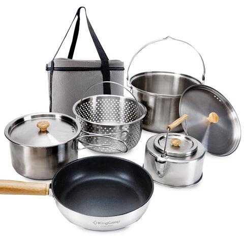 KingCamp Camping Cookware Set 304 Stainless Steel Campfire Cooking Pots Pan and Kettle with Travel Tote Bag for Camping Outdoor Kitchen Cooking Picnic for 4-6
