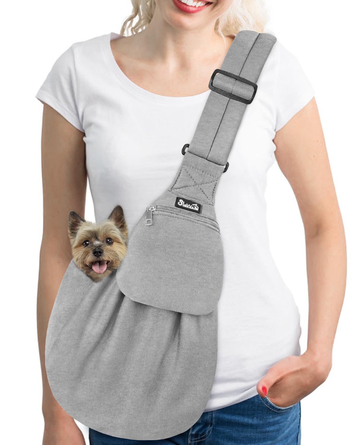 Lukovee Pet Sling, Hand Free Dog Sling Carrier Adjustable Padded Strap Tote Bag, Shoulder Bag with Front Pocket Safety Belt Carrying Small Dog Cat Puppy Machine Washable (Black-WY,S)