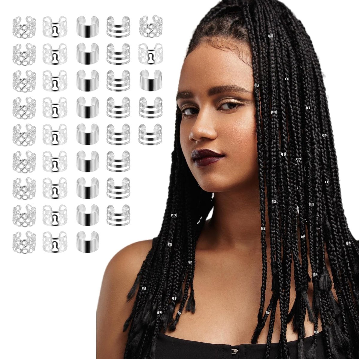 Giantree 40 Pcs Silver Hair Jewelry for Braids, Loc Jewelry for Hair Dreadlock Metal Silver Hair Cuffs Hair Rings Clips Hair Braids Jewelry Decorations for Women and Men Dreadlock Accessories