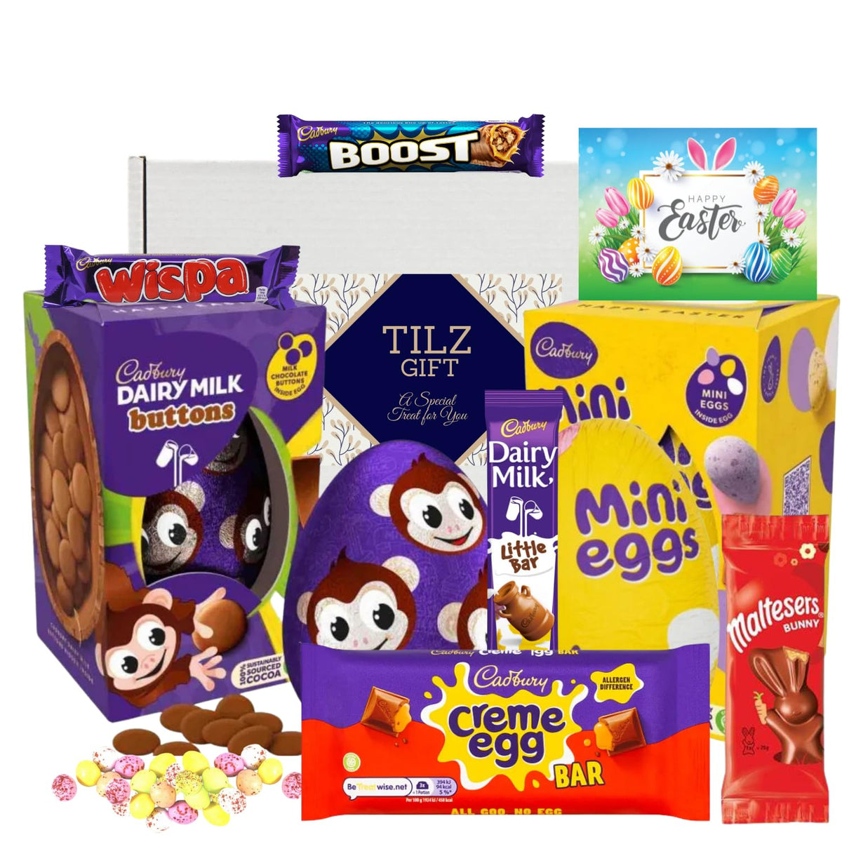Easter Eggs Easter Chocolate Gift Hamper - Chocolate Easter Gifts For Kids Dairy Milk Easter Egg, Freddo Easter Egg, Mini Eggs, Creme Eggs (BUTTONS & MINI EGG)
