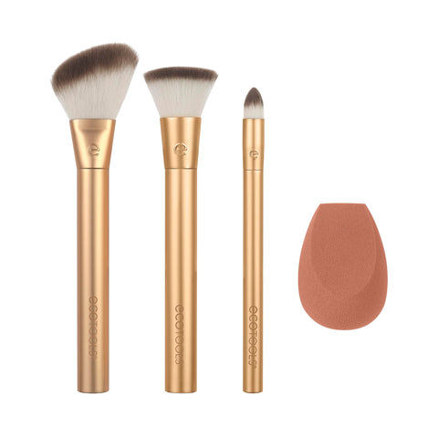 EcoTools Precious Metals Face Blend & Sculpt Set, Makeup Brush Kit For Foundation, Concealer, & Powder, Ecofriendly Makeup Brush Kit, Recycled Aluminum, Chrome, Cruelty-Free, 4 Piece Set