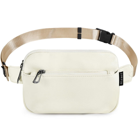 ZORFIN Leather Fanny Pack for Women Men: Crossbody Belt Bag with Adjustable Strap - Fashion Waist Packs for Workout Running Traveling Hiking Beige