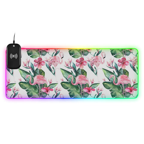 Flamingo Leaves Floral Wireless Charging Mouse Pad for Mobile Phone Extra Large Gaming Mousepad with 13 Lighting Modes Mouse Mat for MacBook PC Laptop Desk Office Home Gaming