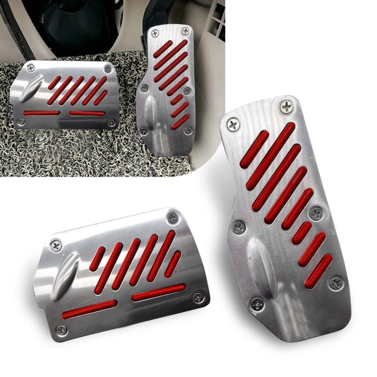Irinidig 2 PCS Car Automatic Transmission Pedal Cover, 5.5" x 2.4" Accelerator + 4.9" x 2.9" Brake Pedal, Alloy Durable Structure Sport Decoration + Non-Slip Rubber Strip, Universal for Cars (Red)