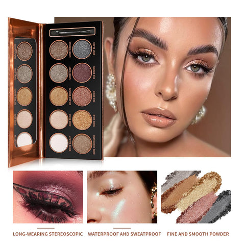 Shimmer Eyeshadow Palette, DE'LANCI 10 Colors Glitter Neutral Eye Shadow Metallic High Pigmented Long Lasting Eye Makeup Set, Natural Smokey Waterproof Eyeshadow Pallet for Multi-Dimensional Eyes Look