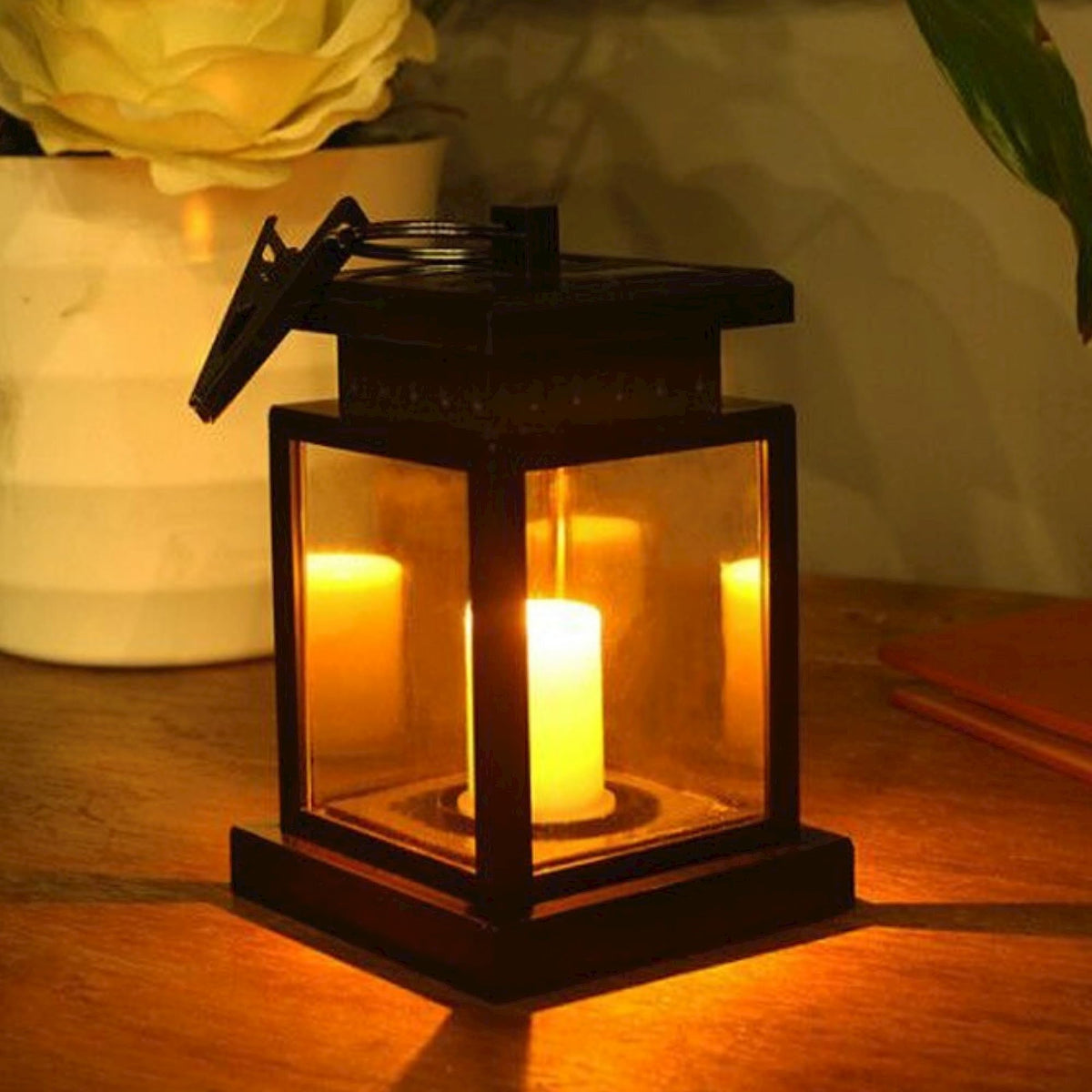 GJB Solar Lantern, Solar Candle Flickering Flame Hanging Lanterns with Clip, Outdoor Waterproof Hanging Solar Lantern, Decorative Lights for Garden, Yard, Patio, Lawn, Camping, Umbrella, Tree, Deck