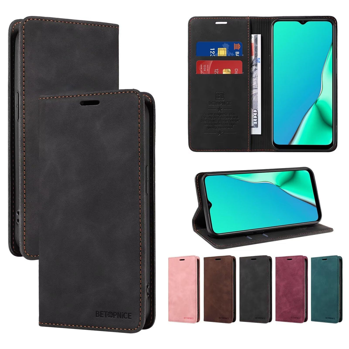 Ttianfa Compatile for OPPO A55 4G Flip Wallet Leather Phone Case [2 Card Slot+1 Cash Slot] Magnetic Closure Case with Stand Fuction Shockproof Cover Festival Gift Men Women-Black