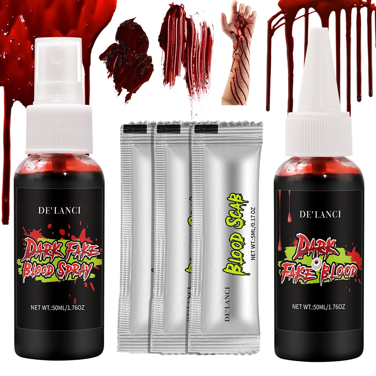 Fake Blood Makeup Set, 5PCS Dark Fake Blood,1.76oz Fake Blood Spray And 1.76oz Dripping Blood, And 3 Fake 0.17 Oz Coagulated Gel Blood For Bloody Nose Ears Party Vampire Zombie Cosplay Horror Film