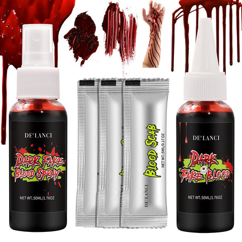 Fake Blood Makeup Set, 5PCS Dark Fake Blood,1.76oz Fake Blood Spray And 1.76oz Dripping Blood, And 3 Fake 0.17 Oz Coagulated Gel Blood For Bloody Nose Ears Party Vampire Zombie Cosplay Horror Film