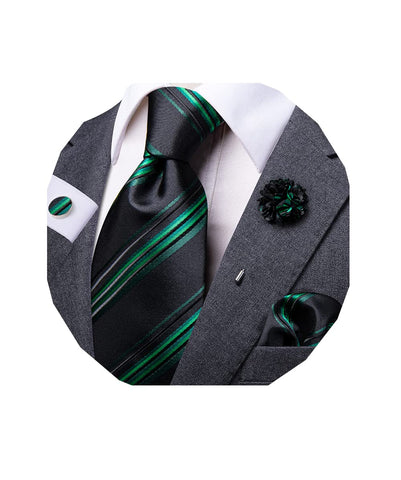 Dubulle Mens Tie and Lapel Pin Flower Silk Necktie Hankerchief Cufflinks Set for Men Paisley Solid Stripe 4pcs Set, Green Blacks, Medium