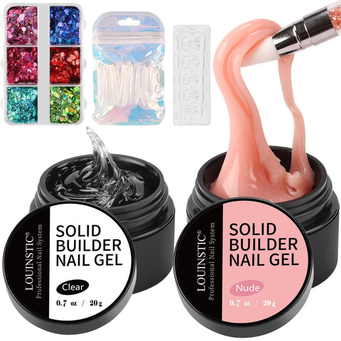 LOUINSTIC Solid Builder Gel For Nails, 2PCS Non-Sticky Hand 3D Nail Carving Gel, Nail Extension Gel Solid Sculpture Gel Hard Gel, Solid Nail Building Gel Nail UV/LED Lamp Required Clear Nude, 0.7oz