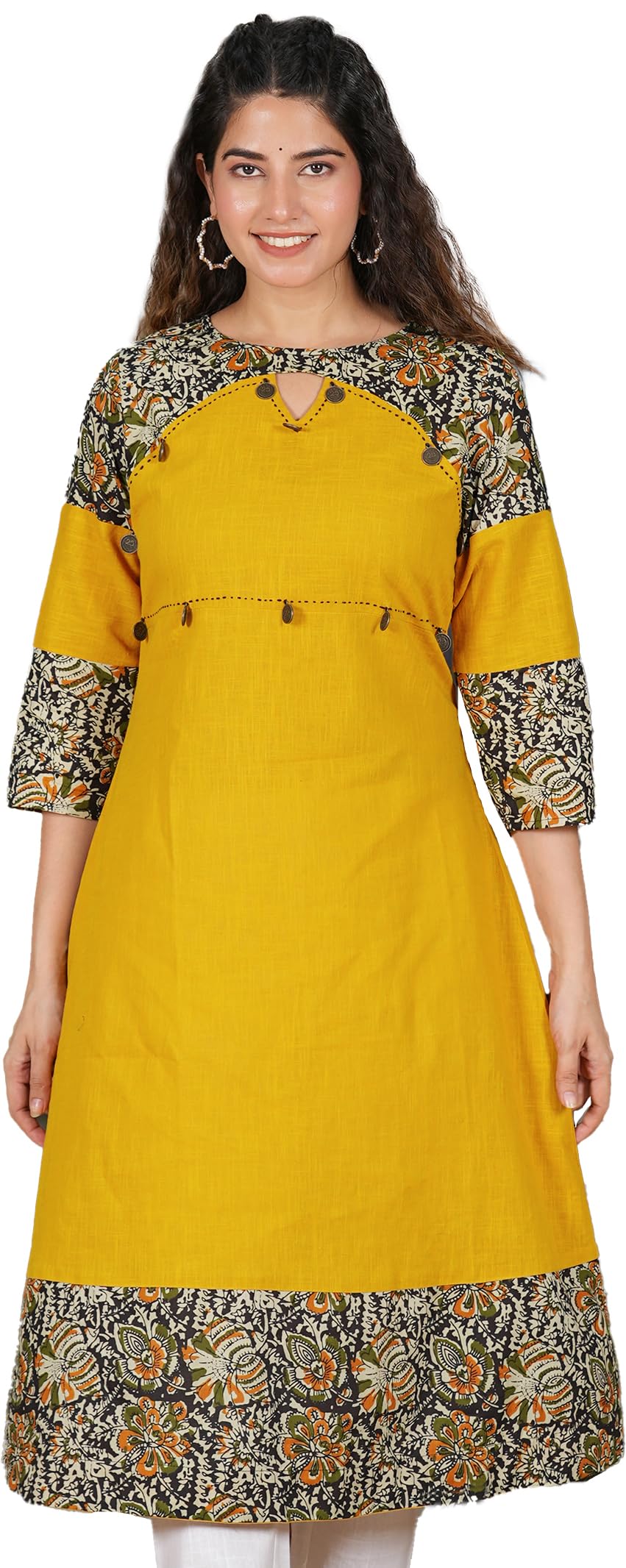 Yash Gallery Women's Cotton a-line Kurta (1024YKMUSTARD-P_ Mustard_ XL)