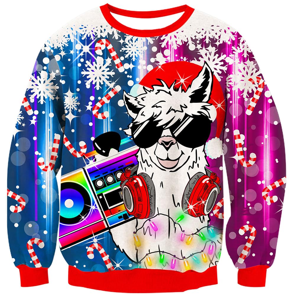 Loveternal Herren Damen Ugly Christmas Pullover Sweatshirts 3D Snowflake Print Xmas Alpaca Long Sleeve Crew Neck Sweater Funny Tops Jumpers S
