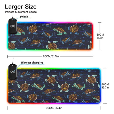 Cute Sea Turtles Wireless Charging Mouse Pad for Mobile Phone Extra Large Gaming Mousepad with 13 Lighting Modes Computer Mat for Office Home Gaming MacBook PC Laptop Desk