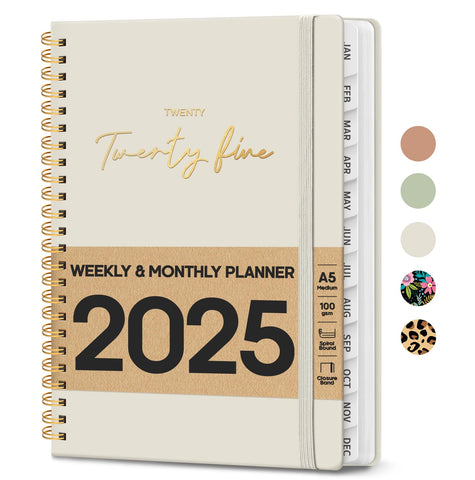 2025 Planner - Weekly and Monthly Planner, January 2025 to December 2025, Hardcover 2025 Calendar Planner Book with Monthly Tabs, Inner Pocket, Perfect for Office Home School Supplies - A5 (6.3" x 8.5"), Beige Gray