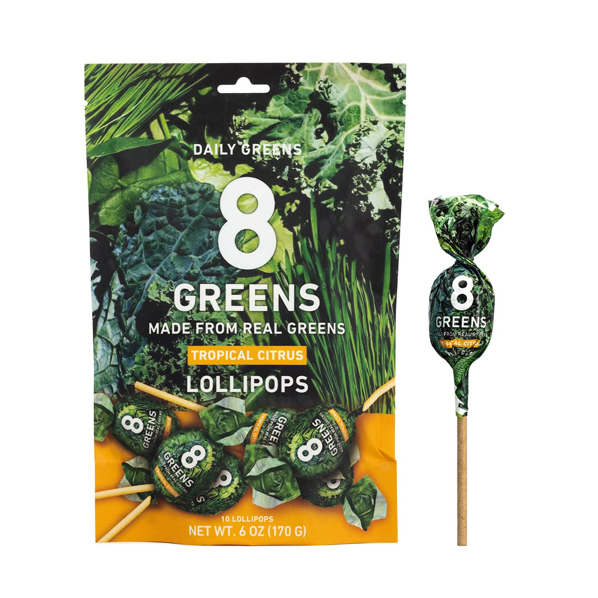 8Greens Daily Lollipops, Natural Tropical Citrus flavor with Real Super Greens, Greens Powder, Gluten-free, Vegan, Non-GMO (10 Count)
