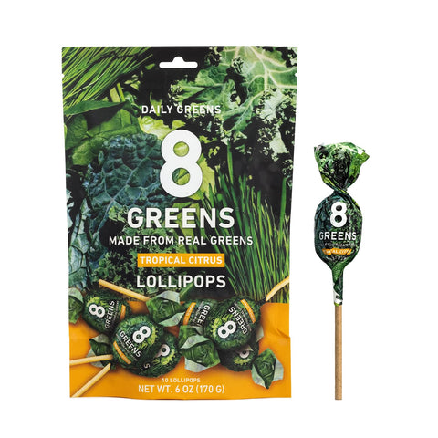 8Greens Daily Lollipops, Natural Tropical Citrus flavor with Real Super Greens, Greens Powder, Gluten-free, Vegan, Non-GMO (10 Count)