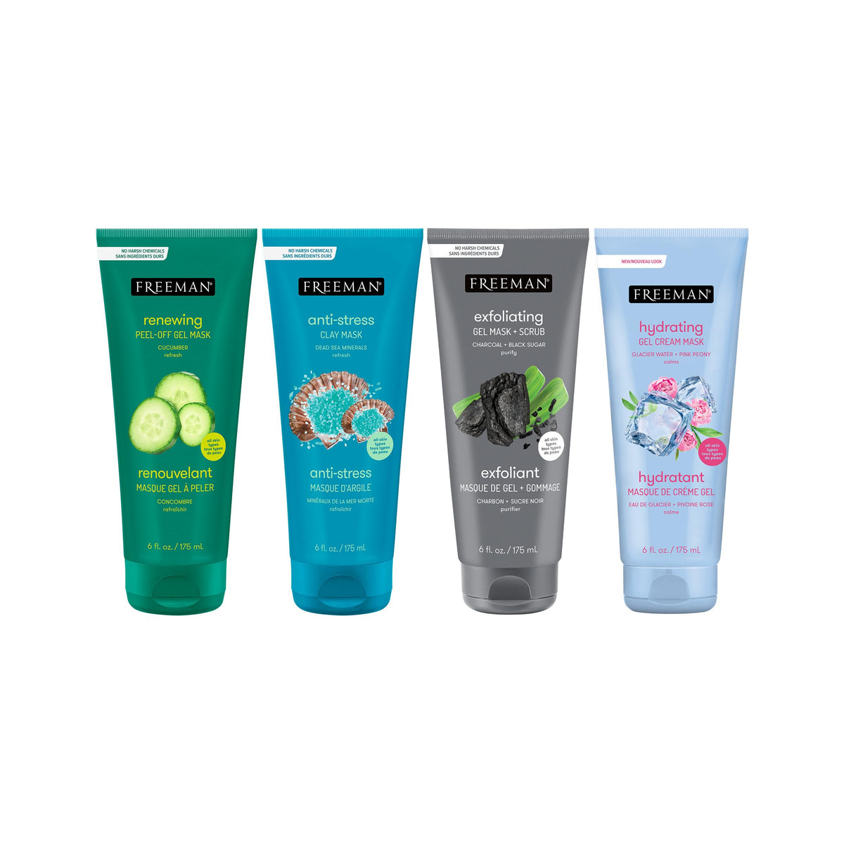 Freeman Facial Mask Variety Bundle, Hydrating & Cleansing Skincare, Anti-Stress, Cucumber, & Charcoal Facial Masks, Peel-Off, Clay, & Gel Masks, Exfoliating Scrub, 6 fl. oz./175 ml Tubes, 4 Count