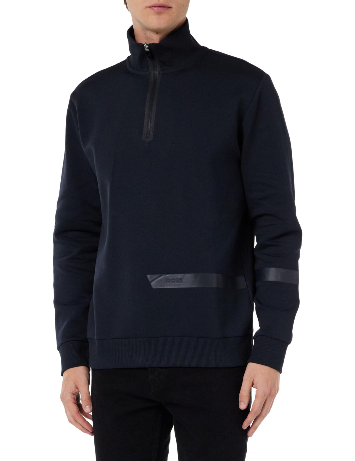BOSS Mens Sweat 1 Cotton-blend zip-neck sweatshirt with logo stripe Blue
