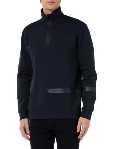 BOSS Mens Sweat 1 Cotton-blend zip-neck sweatshirt with logo stripe Blue