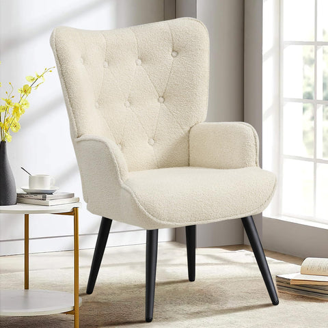 Furniliving Modern Accent Chair, Sherpa Upholstered Living Room Chair Arm Chairs with Solid Metal Legs, Tufted-Button Design Reading Chair, Sofa Chair for Bedroom, Living Room, Office, IvoryWhite