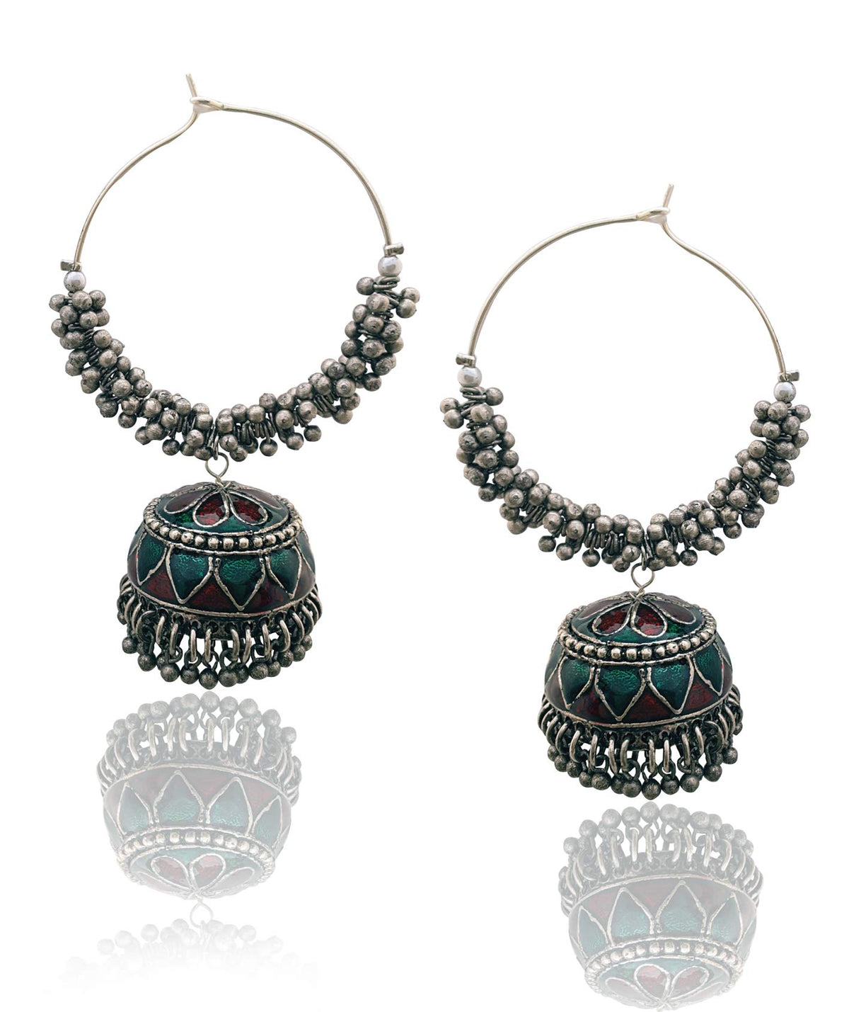 Moonstruck Oxidized Hoops With Meenakari jhumkas For Women (Green)