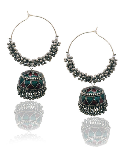 Moonstruck Oxidized Hoops With Meenakari jhumkas For Women (Green)