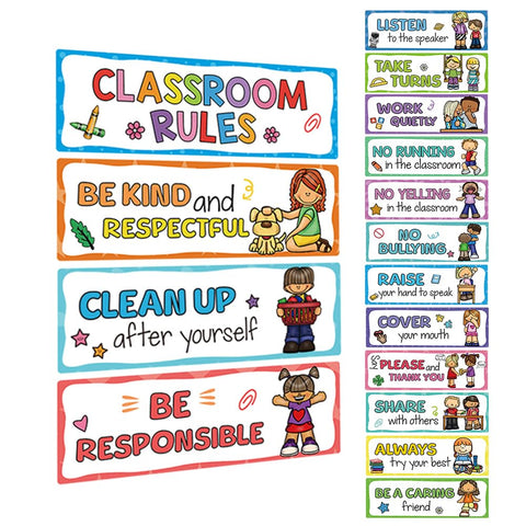 Lachilly 16Pcs Classroom Rules Cards, Class Interactive Social Distancing, Subject Titles for Bulletin Board Boarder Headliners, Classroom Decoration, Social Cognitive Card Teaching Aids 10.4x3.4 inch