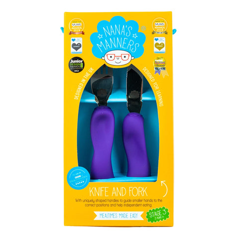 NanaÃƒÆ’Ã‚Â¢ÃƒÂ¢Ã¢â‚¬Å¡Ã‚Â¬ÃƒÂ¢Ã¢â‚¬Å¾Ã‚Â¢s Manners - Stage 3 Cutlery Set, Childrens Knife & Fork Set, Self-Feeding Childrens Cutlery, Kids Cutlery Set for Ages 3 & Up, Easy-to-Grip Silicone Handles, Non-BPA, Purple