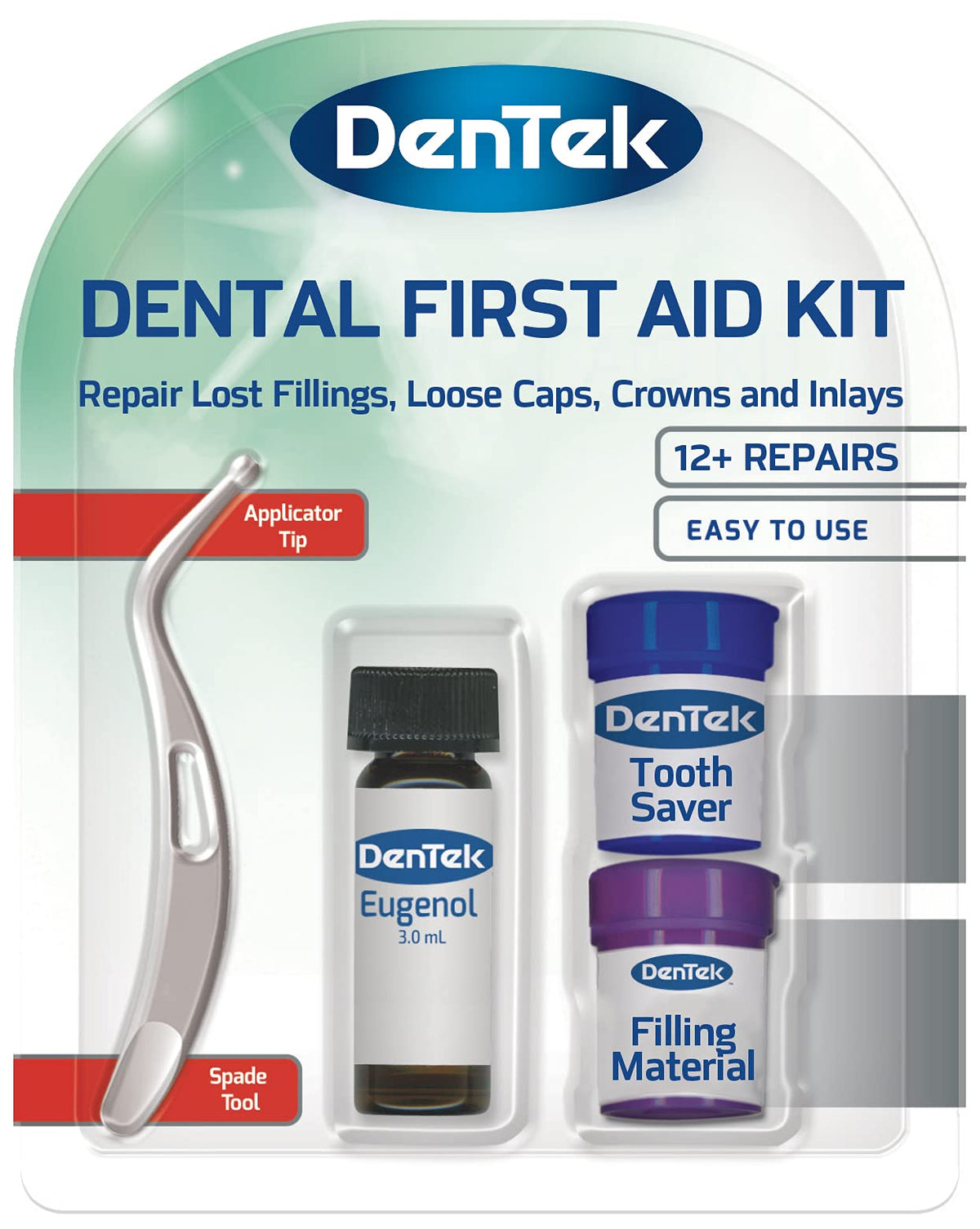 DenTek Home Dental First Aid Kit for repairing lost fillings or securing loose caps, crowns or inlays (packaging may vary) with spade tool