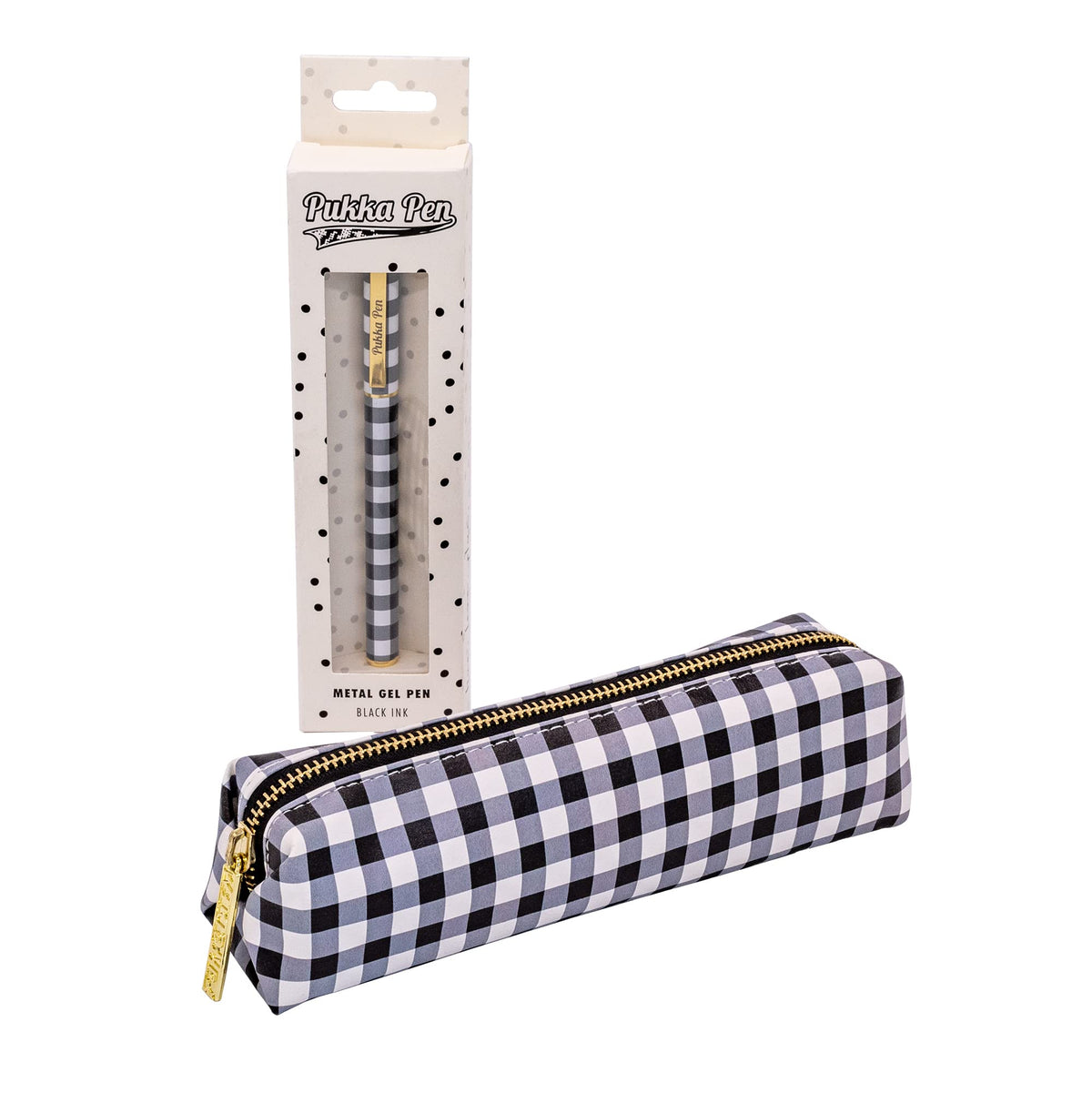 Pukka Pad Slim Pencil Case with Metal Gel Pen - Includes 20 x 5cm Zip-Close Pouch with Refillable Black Ink Pen for Back to School or Professional Office Settings - Buffalo Check Black