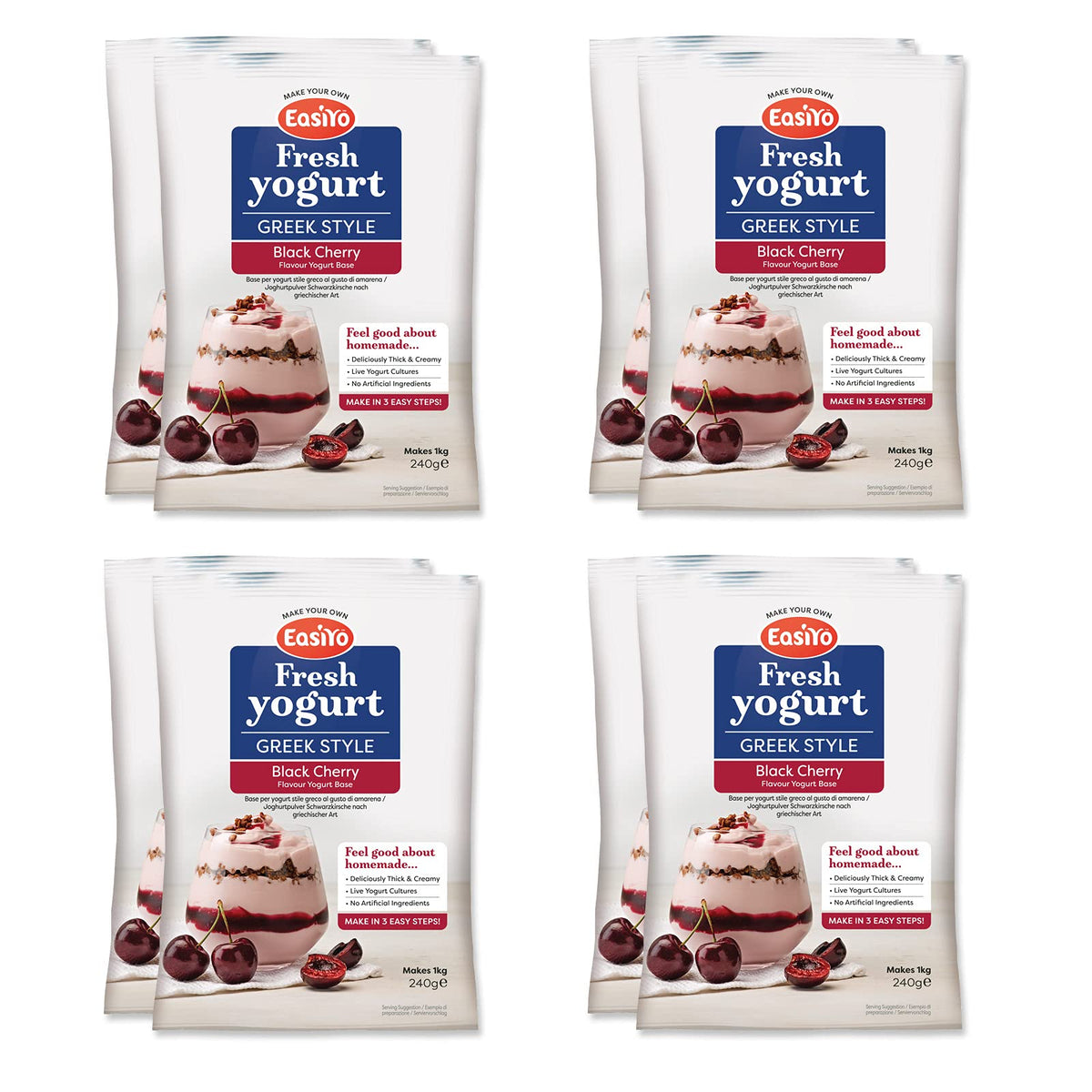 EasiYo Greek Style Black Cherry Yogurt 8 Sachet Pack | Each Sachet Makes 1KG of Yogurt