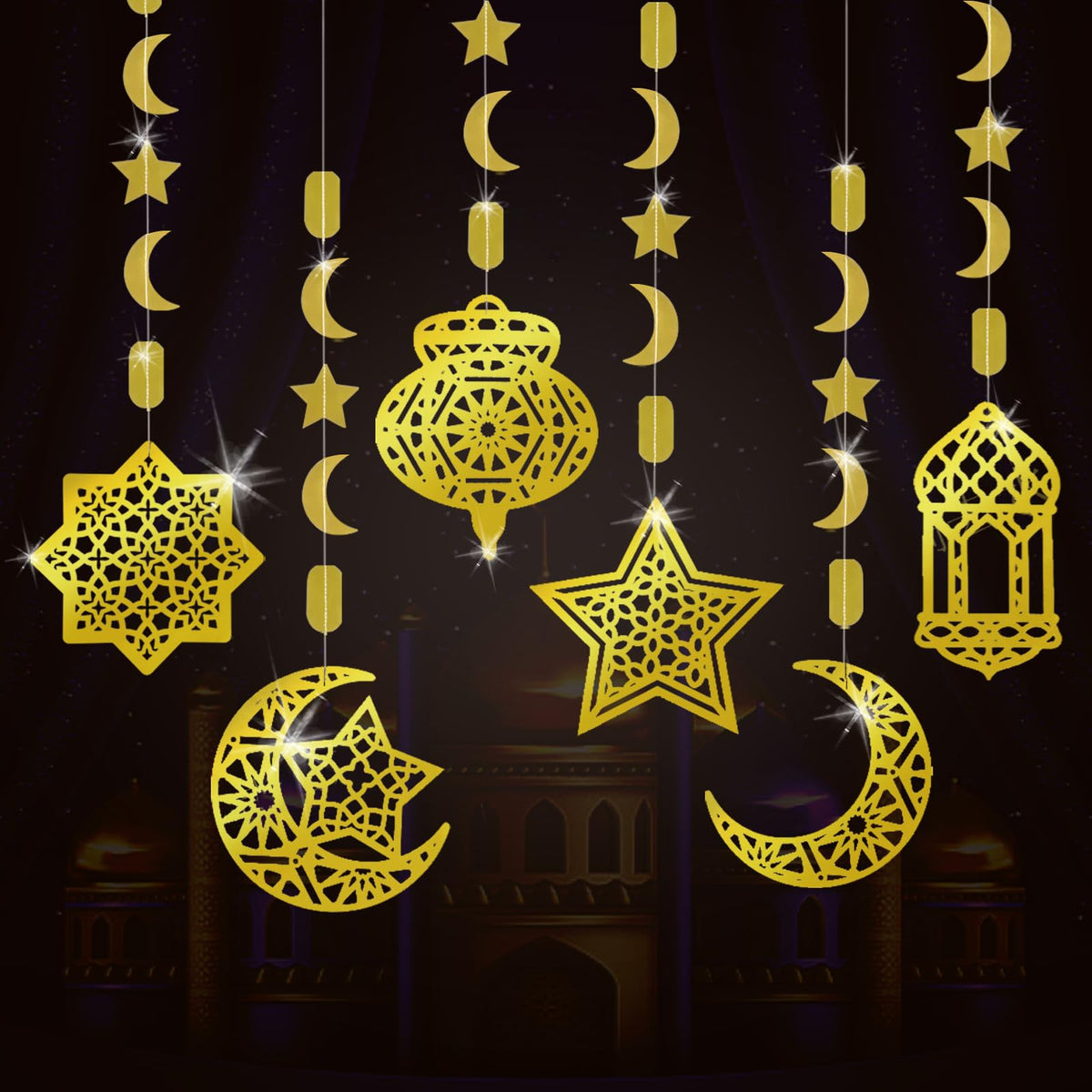 AhfuLife 6 Pcs Eid Mubarak Decorations - Preassembled Hanging Golden Islamic Star Moon Lantern - Reusable Eid Garland Streamer Eid Ramadan Ceiling Decorations for Indoor Outdoor Home Party Decor