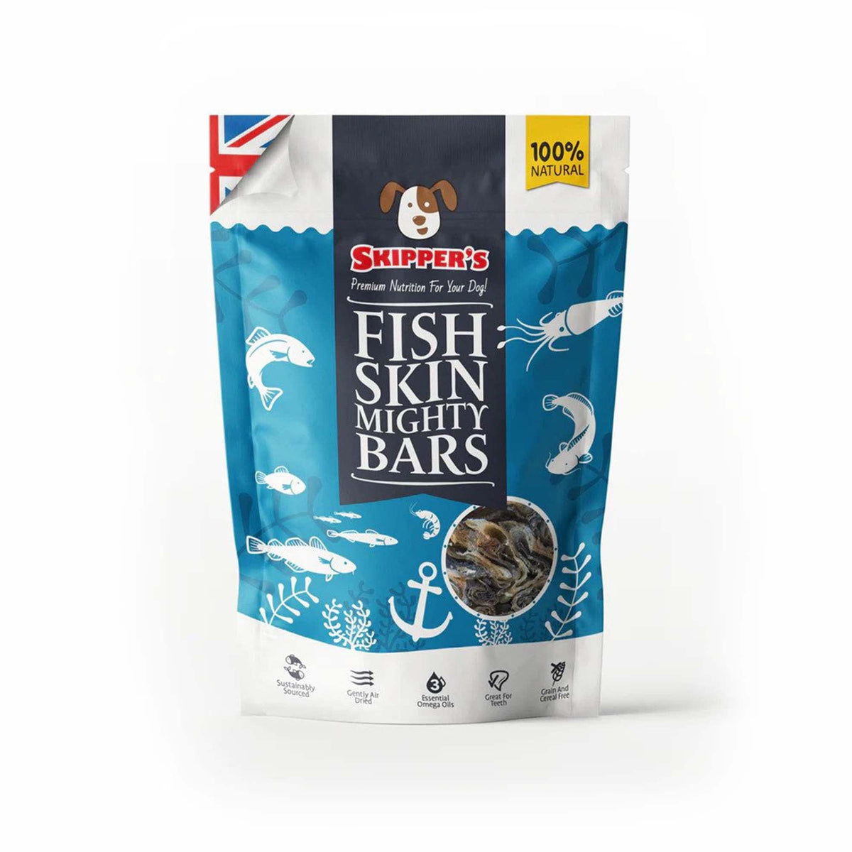SKIPPER'S Fish Skin Mighty Bars - Grain & Cereal Free, Essential Source of Omega 3 Oils, 100% Natural Ingredients No Additives, Hypoallergenic, Great for Dogs Teeth & Joints, Gently Air Dried | 250g