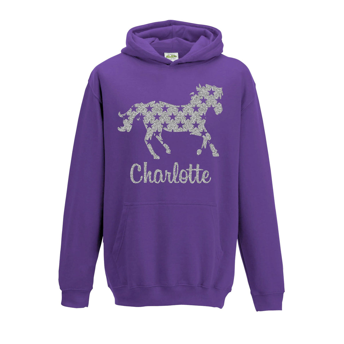 [ Kids ] Personalised Horse Silver Glitter Hoodie Choose Your Name and Colour (5-6, Purple)