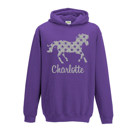[ Kids ] Personalised Horse Silver Glitter Hoodie Choose Your Name and Colour (5-6, Purple)