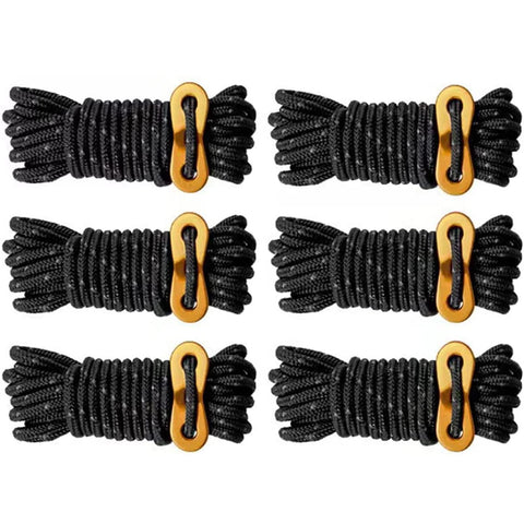 LEOCFY 6 Pack 4mm Outdoor Reflective Tent Rope with Aluminum Rope Adjuster for Tent Canopy, Canopy Shelter, Camping, Hiking, Backpacking (Black)