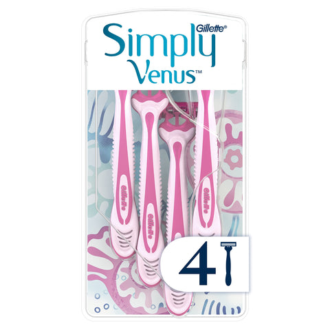 Gillette Simply Venus3 Disposable Razors with 3 Blades, Razors for Women with Moisture Strip, Smooth and Protected Skin, Pack of 4 Razors