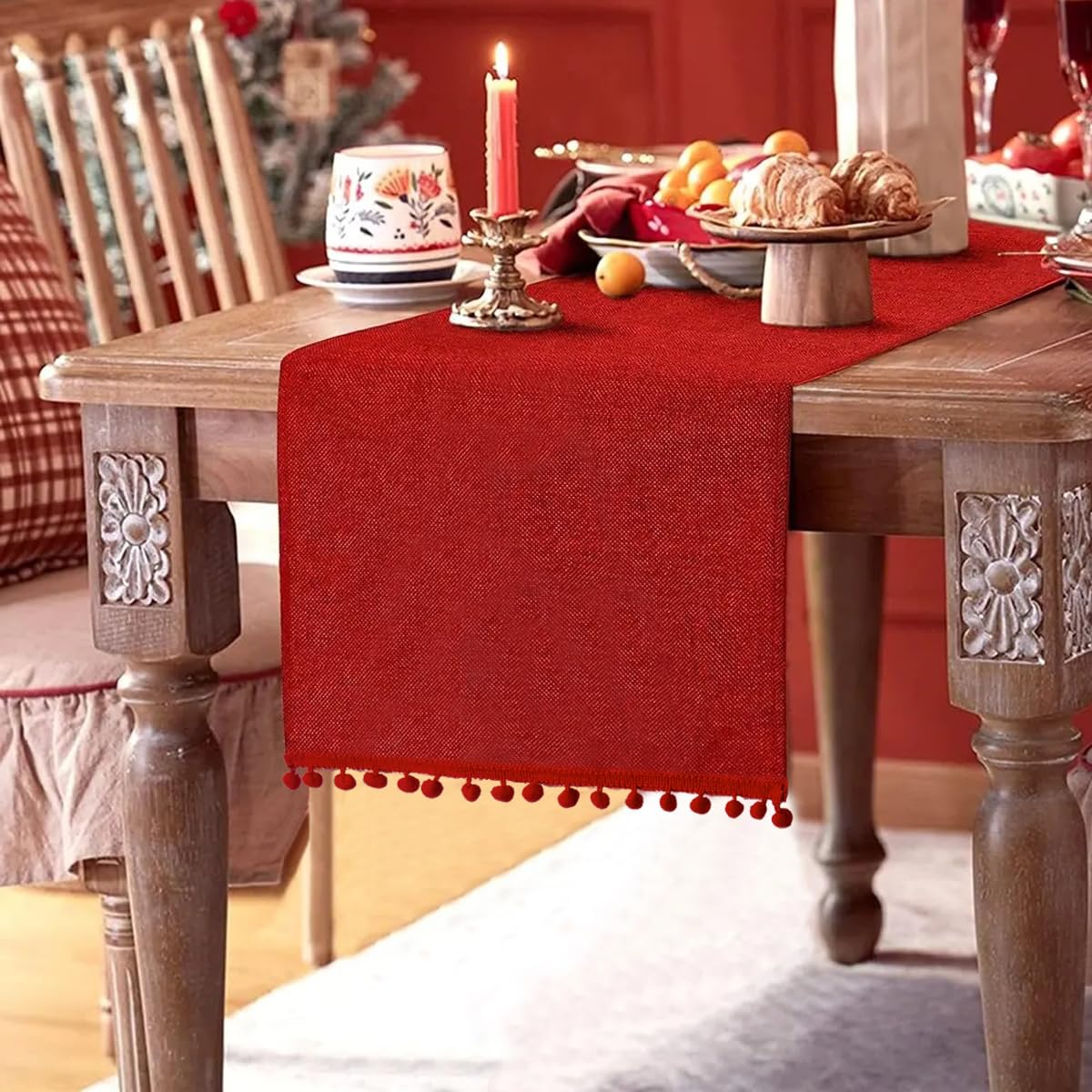 SevenFish Christmas Table Runner, 14x72 inch Rustic Burlap Table Runner with Pom Pom Red Dining Table Runner for Christmas Wedding Valentine's Day Party Decorations