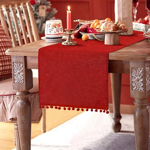 SevenFish Christmas Table Runner, 14x72 inch Rustic Burlap Table Runner with Pom Pom Red Dining Table Runner for Christmas Wedding Valentine's Day Party Decorations