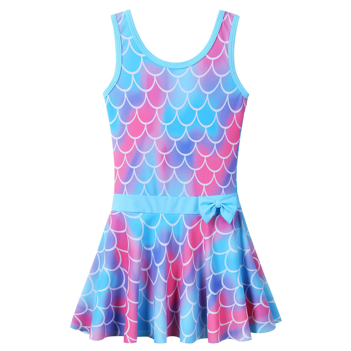 Girls Swimsuit One Piece UPF 50+ Floral Skirted Bathing Suit Modest Beach Swim Dress 3-8 Years S363_ScaleBlue_92/98