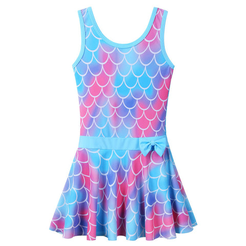 Girls Swimsuit One Piece UPF 50+ Floral Skirted Bathing Suit Modest Beach Swim Dress 3-8 Years S363_ScaleBlue_92/98