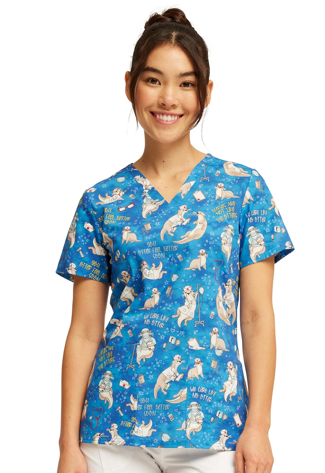 Cherokee Prints Women Scrubs Top V-Neck Print CK651, L, Care Like No Otter