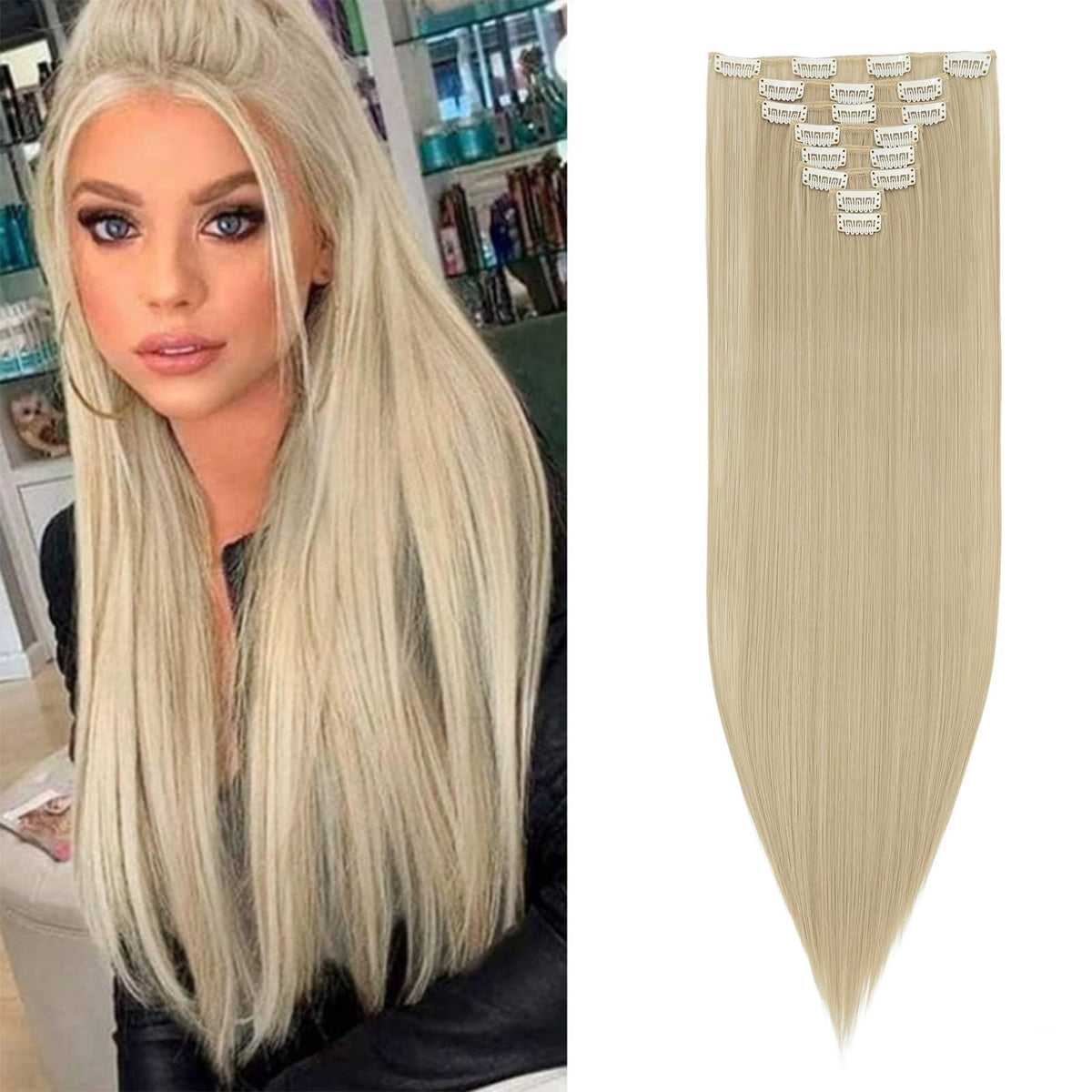 26" Long Straight Clip in Hair Extensions Full Head 8Pcs 18Clips Ombre Colorful Synthetic Hair Clip in Hairpiece Ash Blonde mix Bleach Blonde