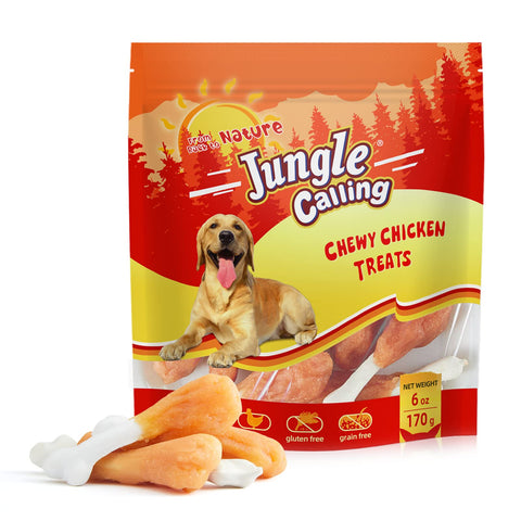 Jungle Calling Chewy Chicken Dog Treats Rawhide Free Real Chicken Wrapped Dog Bones, Teeth Clean Breath Fresh Dog Training Treats, 6 oz